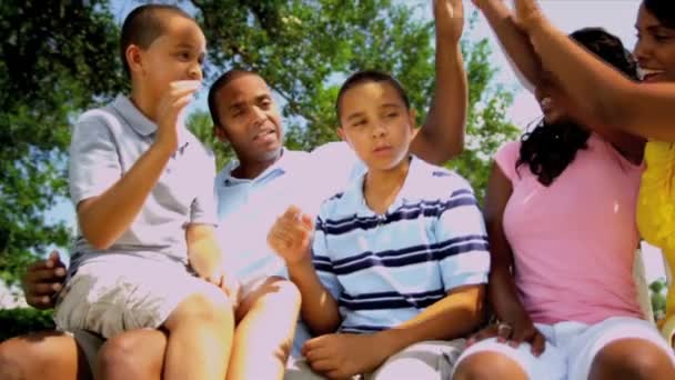 Fils de parents Adolescente parlant ensemble banc de jardin — Video