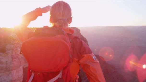 Wandelaar genieten van canyon landschap — Stockvideo