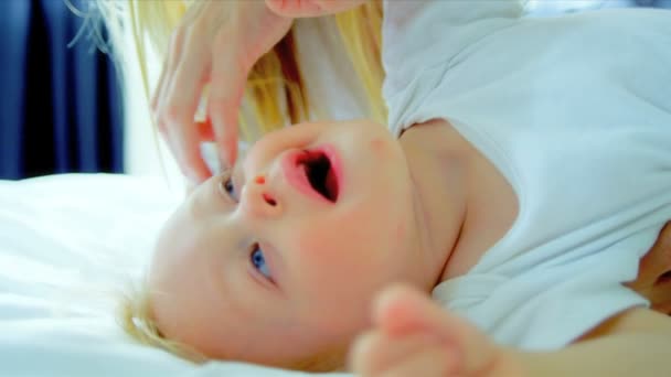 Young Mother Child Playing Bedroom — Stock Video