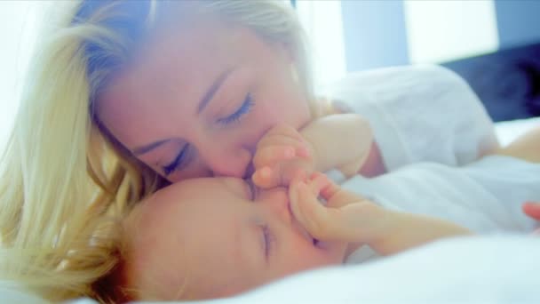 Portrait Young Caucasian Mother with Child — Stock Video