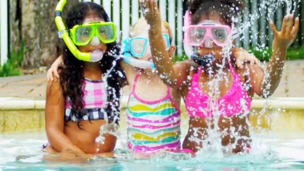 Cute Multi Ethnic Friends Outdoor Pool — Stock Video