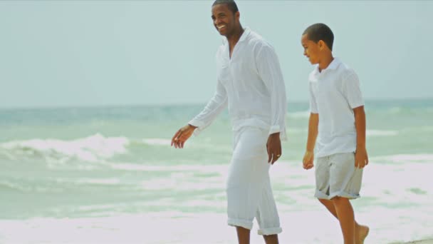 Etnische vader zoon uitgaven vakantie op strand — Stockvideo