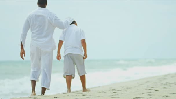 Ethnic parent enjoying son time by ocean — Stock Video