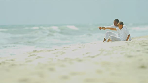 Etnia feliz pai ter férias diversão com filho na praia — Vídeo de Stock