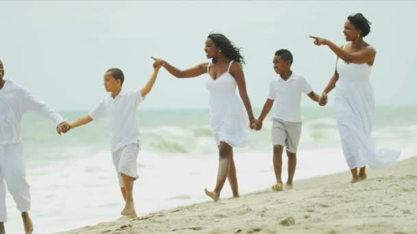 Hermanos étnicos que pasan vacaciones caminando y relajándose con padres cariñosos — Vídeo de stock