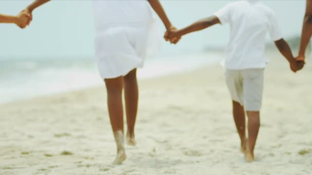 Афроамериканець сімейне сміятися і весело провести час на пляжі — стокове відео