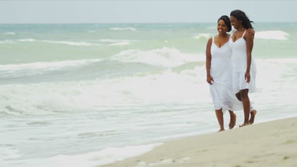 African American girl have fun with mother on beach — Stock Video