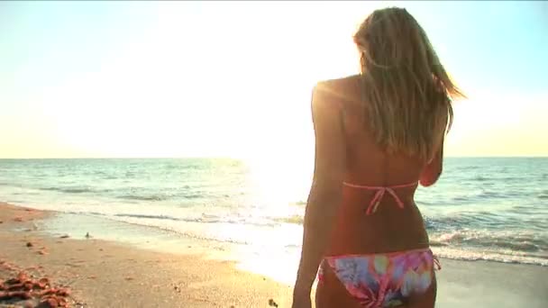 美丽的金发女孩享受宁静的海滩生活方式 — 图库视频影像