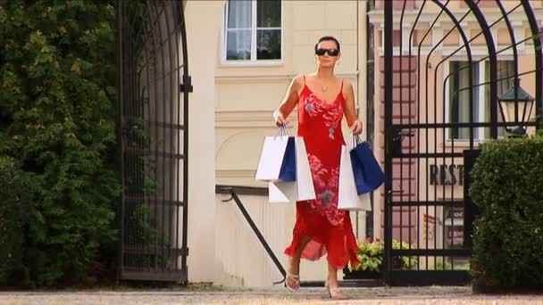 Schlanke junge Frau trägt Designer-Einkaufstüten — Stockvideo