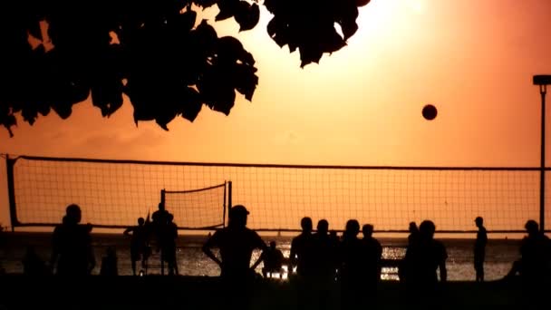 En silhouette jouant au volley au coucher du soleil — Video