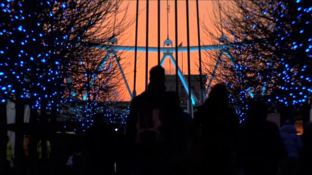 London Eye por la noche rodeado de decoraciones de luz navideñas — Vídeo de stock