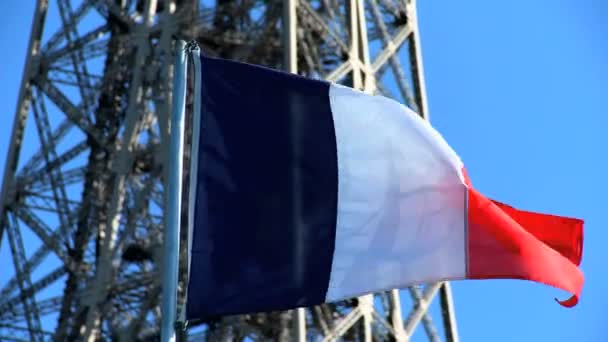 Franse nationale vlag voor Eiffeltoren — Stockvideo