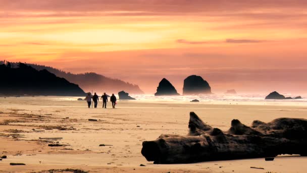 Walking on Cannon Beach at sunset — Stock Video