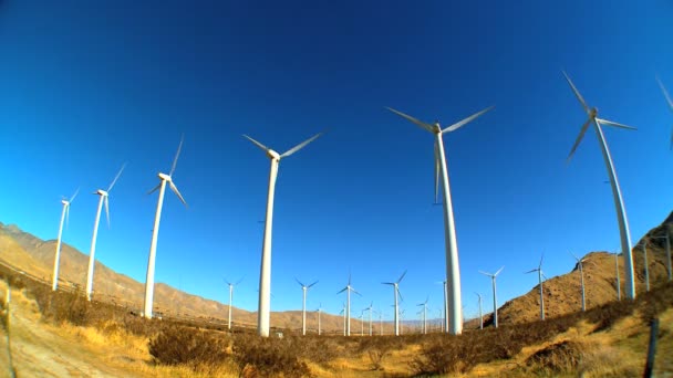 Fischaugenobjektiv von Windrädern, die saubere und erneuerbare Energie erzeugen — Stockvideo