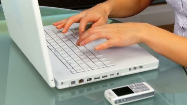 Jeune femme d'affaires orientale occidentale travaillant avec un ordinateur portable — Video