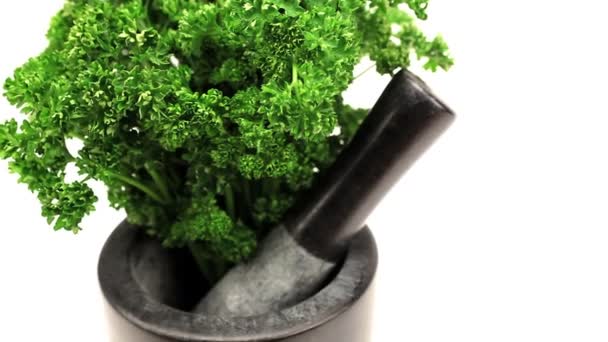Studio close-up of fresh vegetables with pestle & mortar — Stock Video