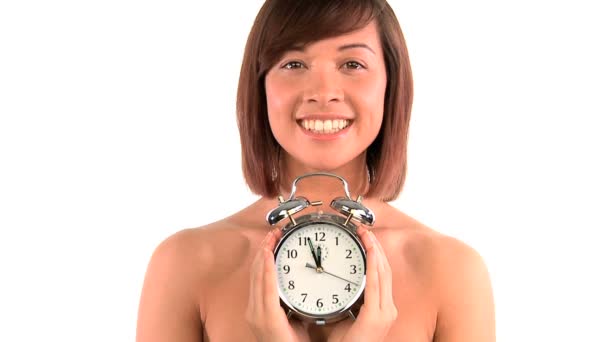 Portrait of western oriental girl with timely reminder for healthy living — Stock Video