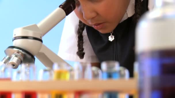 Cute african american schoolgirl early learning elementary science — Stock Video