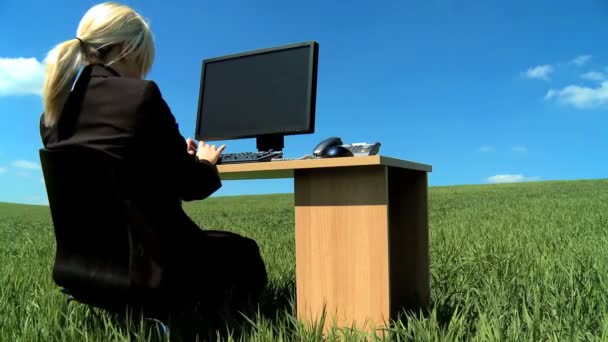 Young businesswoman in city clothes working in conceptual office without walls — Stock Video