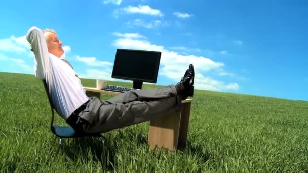 Businessman in environmental workplace daydreaming of a brighter future — Stock Video