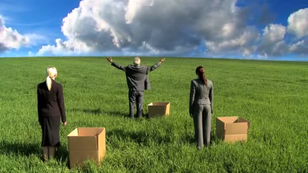 Time-lapse clouds over business in city clothes experiencing the economic climate — Stock Video