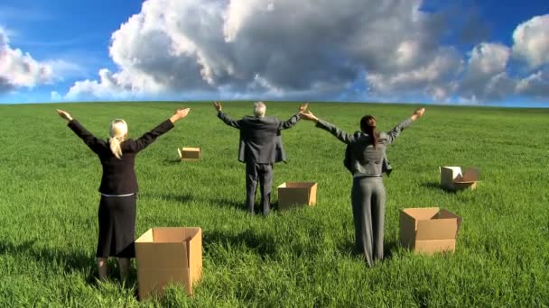 Time-lapse clouds over business in city clothes experiencing the economic climate — Stock Video