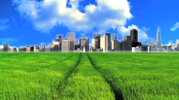 Concept shot of city skyscrapers in a clean environmental field — Stock Video