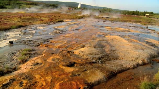 Eco-turistas observando a erupção de um gêiser geotérmico — Vídeo de Stock