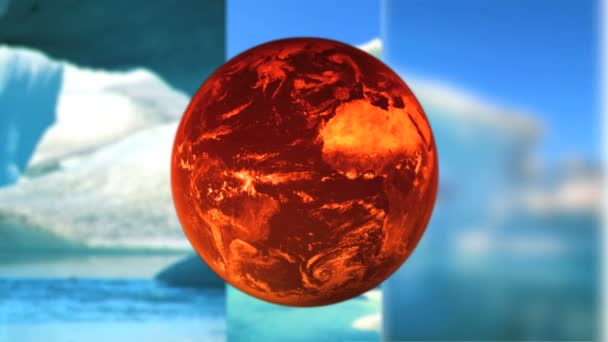 Bewegende grafische vormgeving van het smelten van ijsbergen & earth globe roteren — Stockvideo