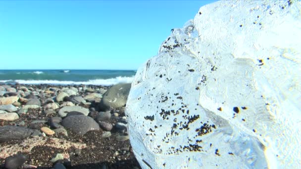 Smältande glaciärer is från klimatförändringar spolats upp på en strand, arktiska — Stockvideo