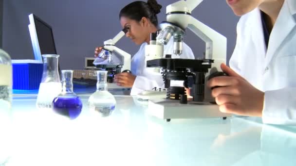 Investigadoras en laboratorio mirando a través de un microscopio — Vídeos de Stock