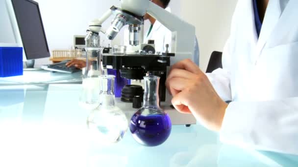 Médicas trabalhando em laboratório com um microscópio — Vídeo de Stock