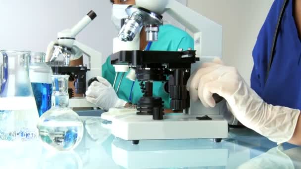 Medical researchers looking through a microscope — Stock Video