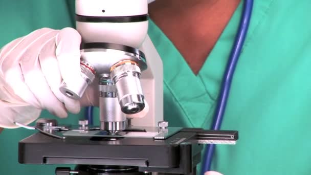 Medical professional working with a microscope — Stockvideo