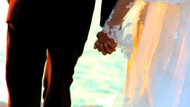 Jonge paar hand in hand na hun strand bruiloft-sluiten-up — Stockvideo