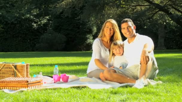 Joven familia caucásica disfrutando del tiempo libre junto con un picnic en un día de verano — Vídeo de stock