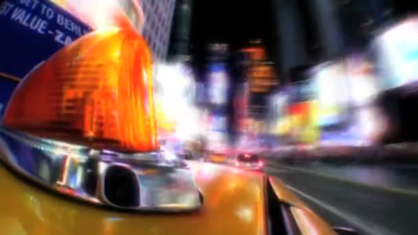 Point -of-view of yellow taxi cabs driving the streets at night in New York City, USA — Stock Video