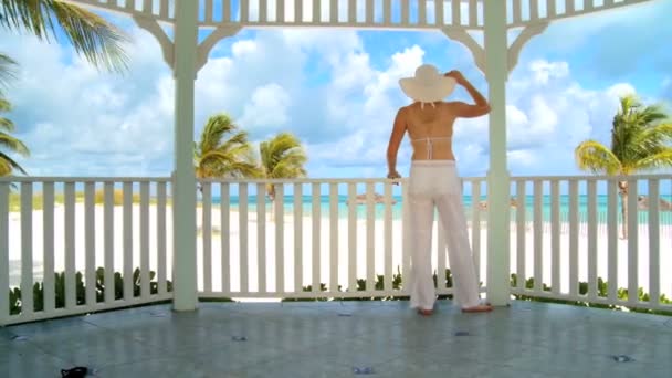 Elegante hembra joven mirando hacia fuera sobre la arena blanca virgen al mar azul aguamarina — Vídeos de Stock