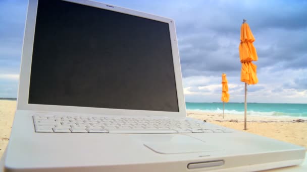 Laptop számítógép készen áll a használatra, a tropical beach — Stock videók