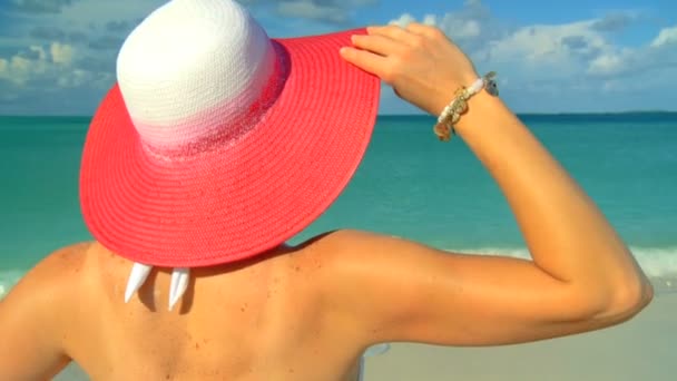 Testa e spalle di elegante giovane femmina guardando l'oceano tropicale color acqua — Video Stock