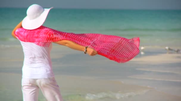 Elegante hembra joven en una hermosa playa de arena blanca mirando las aguas aguamarinas — Vídeo de stock