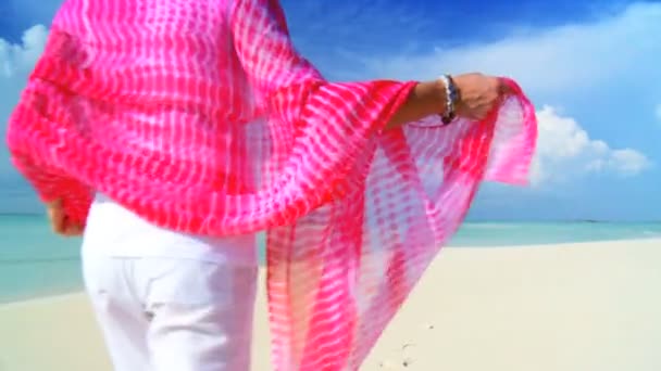 Elegante hembra joven en una hermosa playa de arena blanca mirando las aguas aguamarinas — Vídeos de Stock