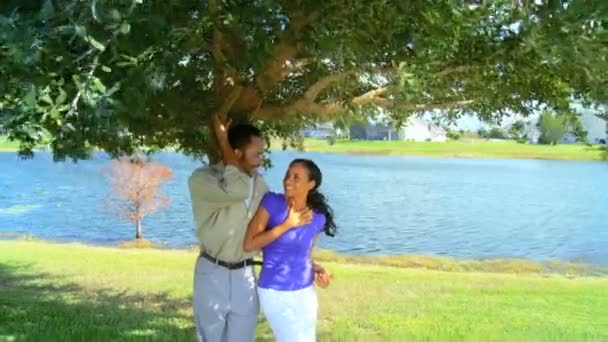 Young african american couple relaxing by a lake planning their future lifestyle — Stock Video