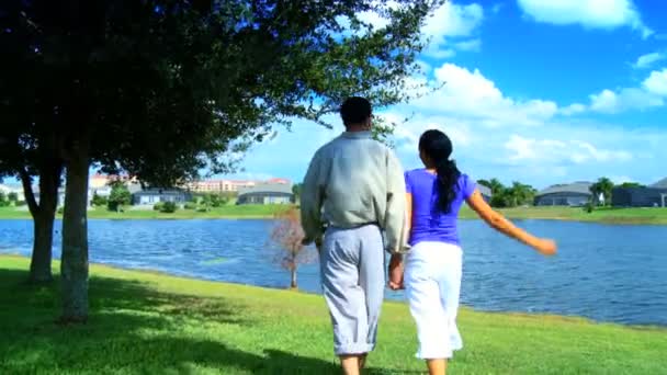 Joven pareja afroamericana relajándose junto a un lago planeando su futuro estilo de vida — Vídeos de Stock