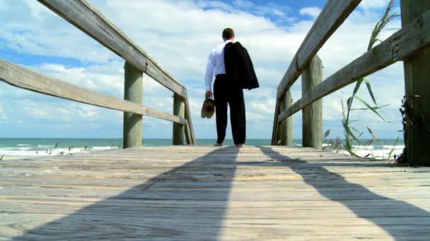 Smart young businessman taking time out from the office on the beach — Stock Video