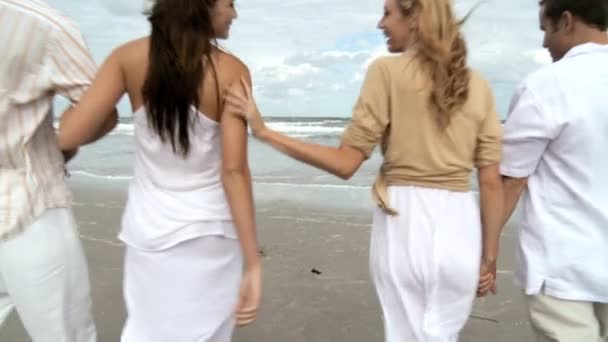 Cuatro atractivos amigos adultos jóvenes que se divierten juntos en la playa — Vídeo de stock