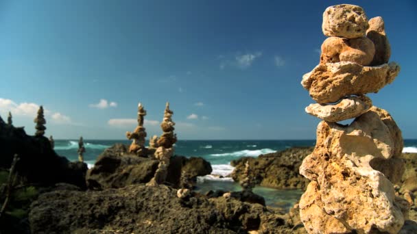 Tranquilo jardín de rocas con el océano detrás — Vídeos de Stock