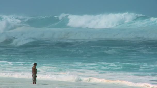 Μοναχικός άνδρας σε ρηχά surf — Αρχείο Βίντεο