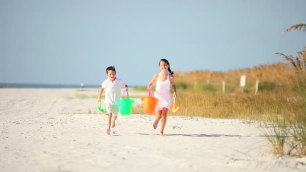 Kinder laufen am Strand entlang — Stockvideo