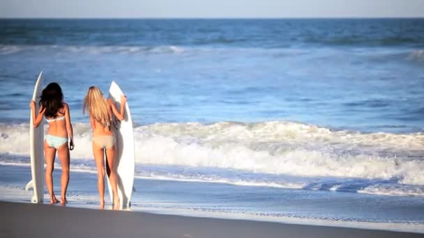 Здоровый образ жизни девочек для серфинга — стоковое видео